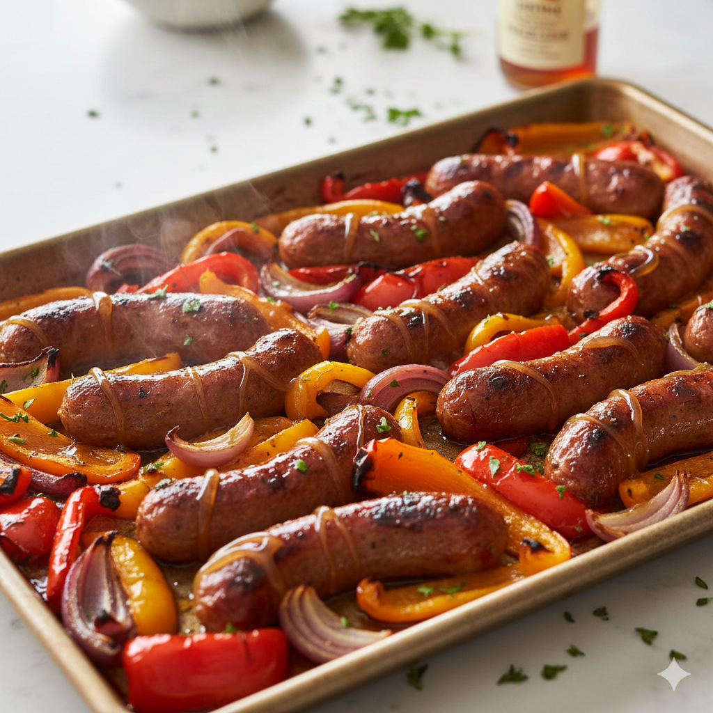 Amazing Sheet Pan Sausage and Peppers with Hot Honey Glaze