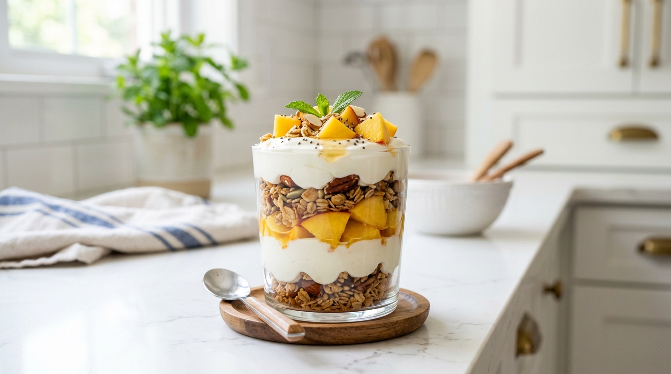Greek Yogurt Peach Parfait – Creamy, Fresh & Perfect for Breakfast or Dessert