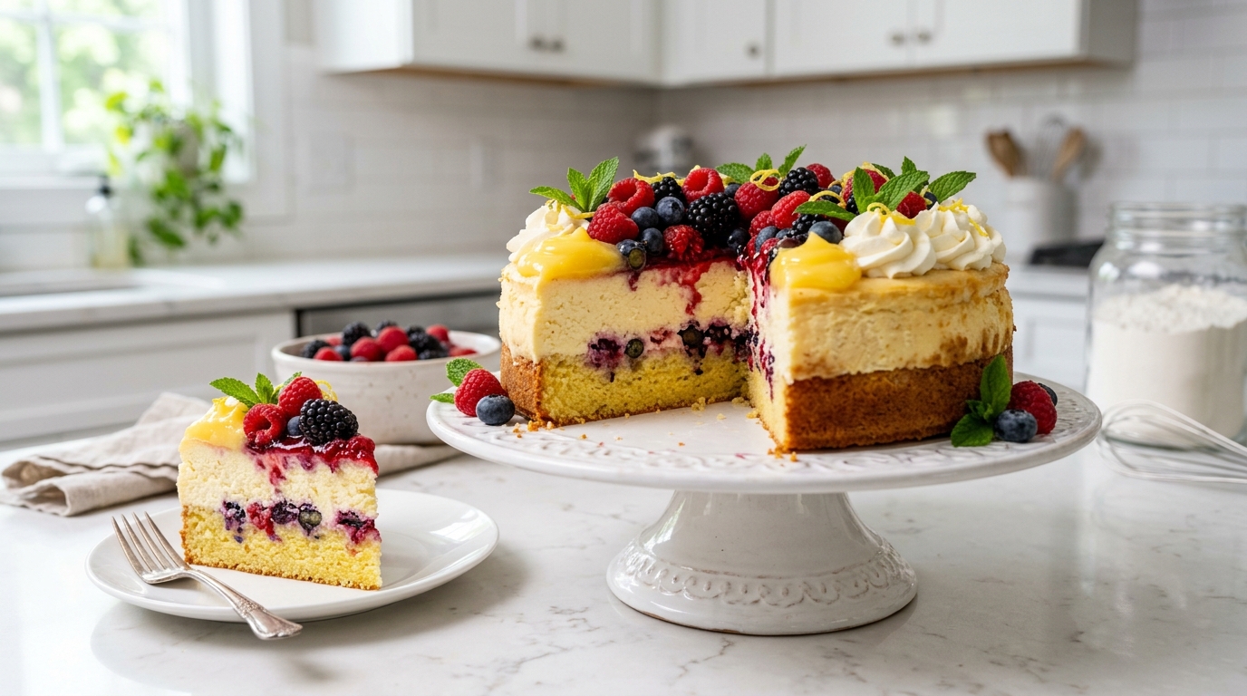 Lemon Berry Cheesecake Cake – A Bright, Creamy & Elegant Layered Dessert