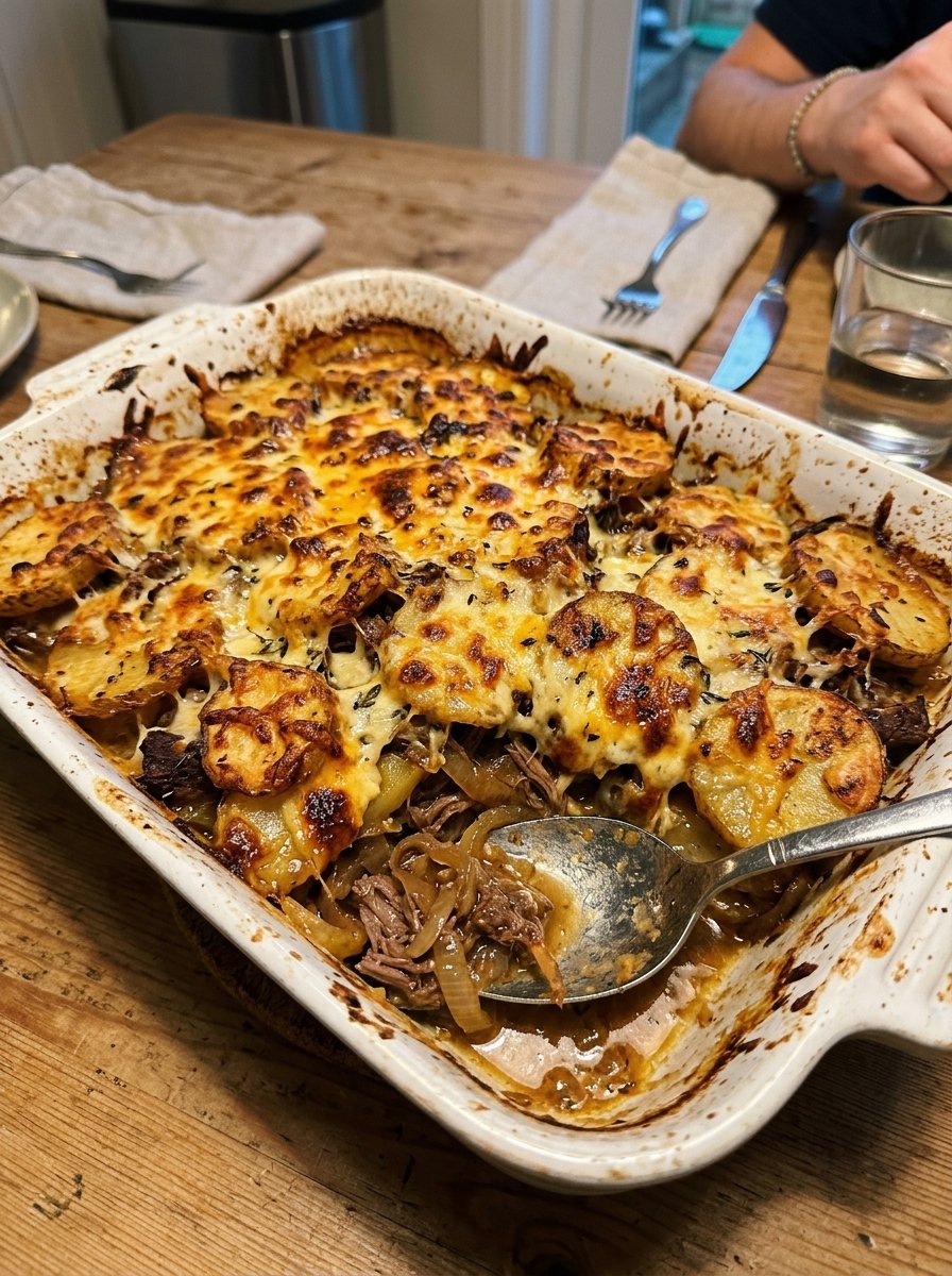 French Onion Beef Cheddar Crispy Potato Bake